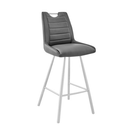 30" Grey Faux Leather and Brushed Stainless Steel Bar Stool