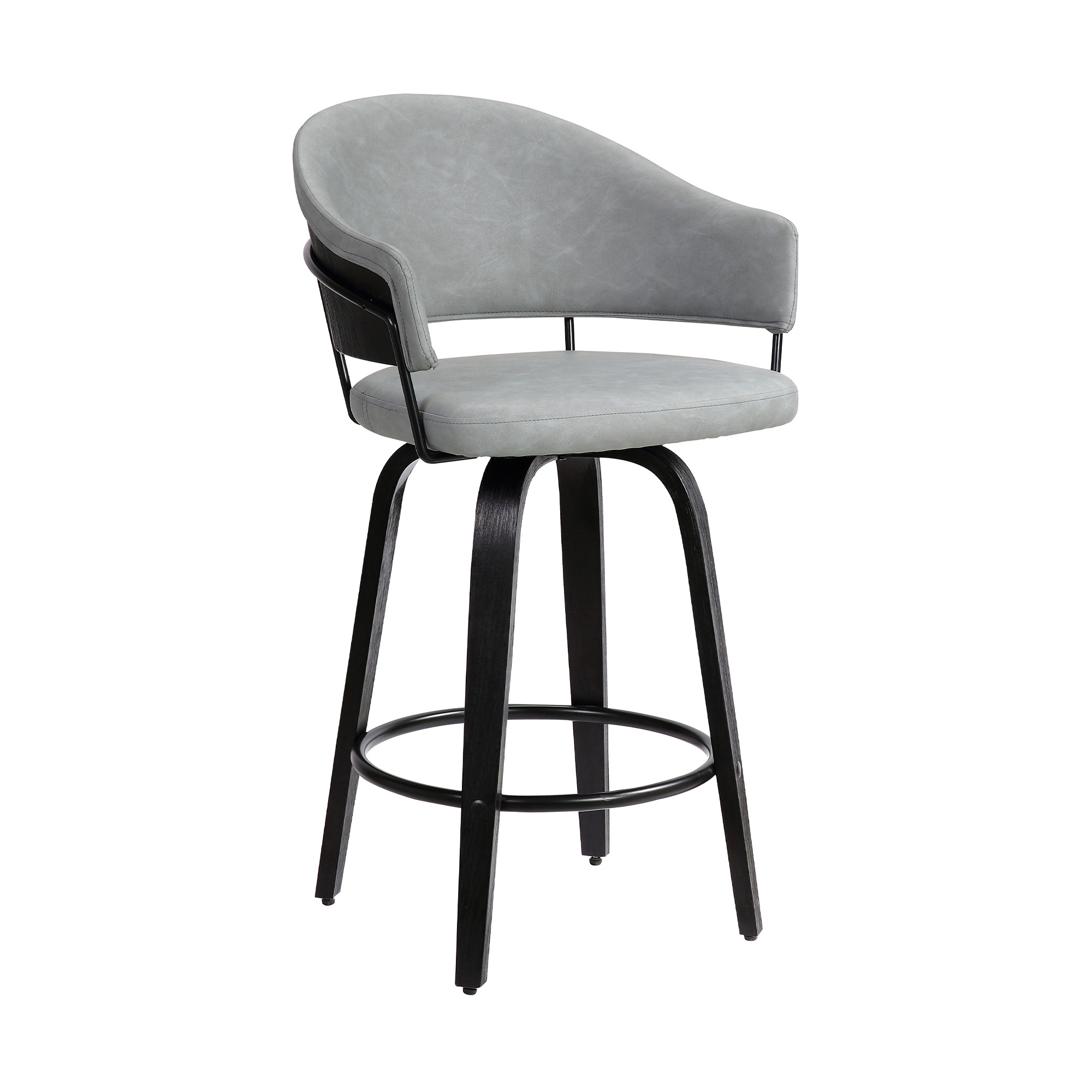 26" Dark Grey Faux Leather Black Wood Swivel Bar Stool