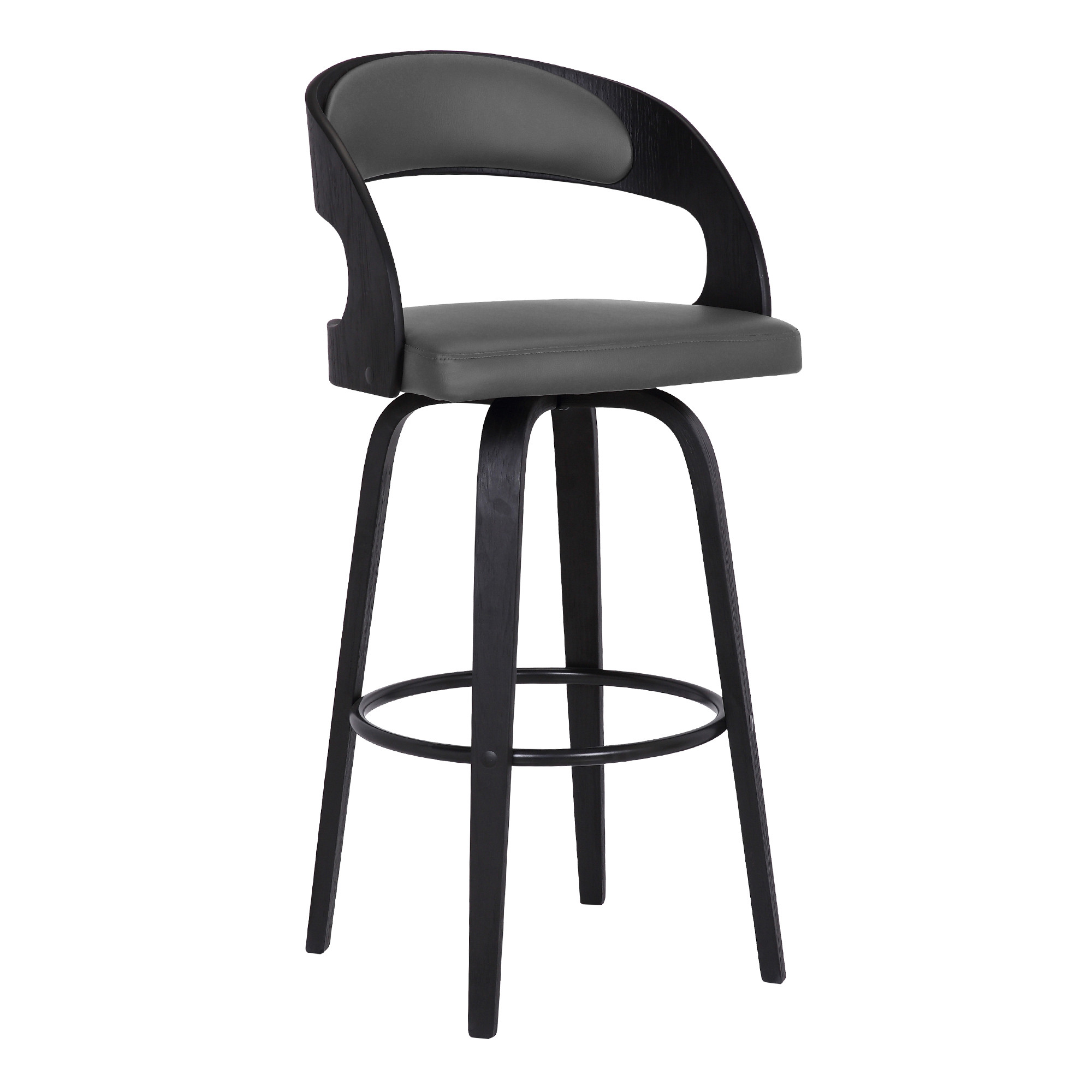 Gray Faux Leather Modern Black Wooden Bar Stool