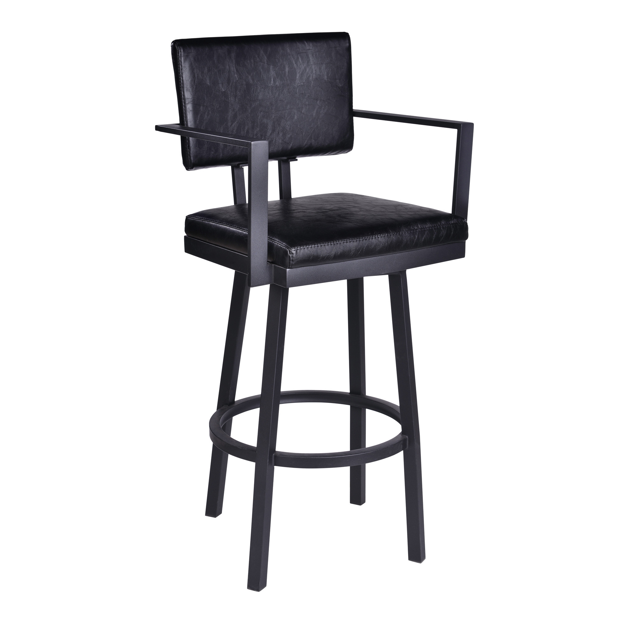 26" Vintage Black on Black Faux Leather Rectangular Swivel Barstool