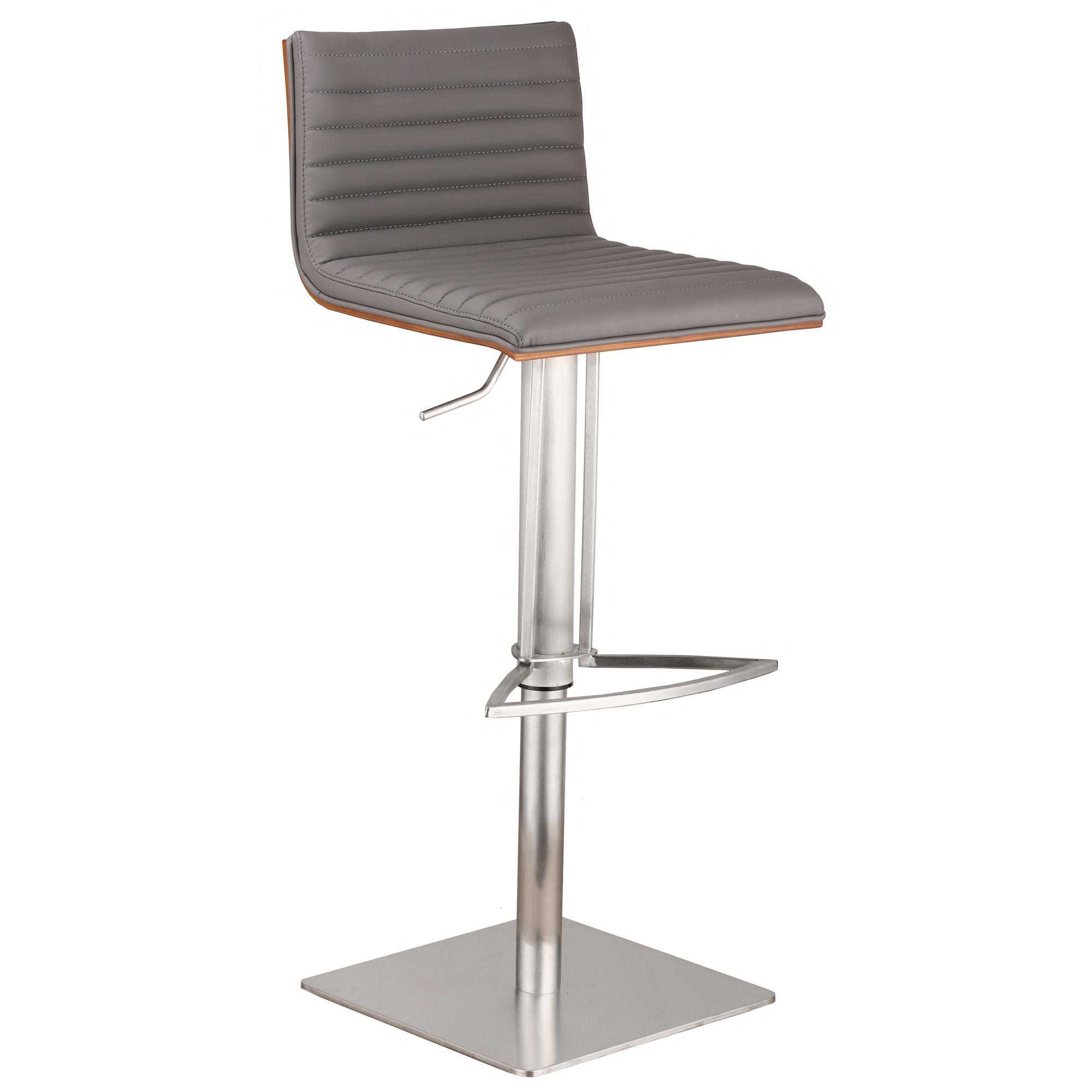 Grey Faux Leather Armless Swivel Bar Stool with Brushed Stainless Steel Base