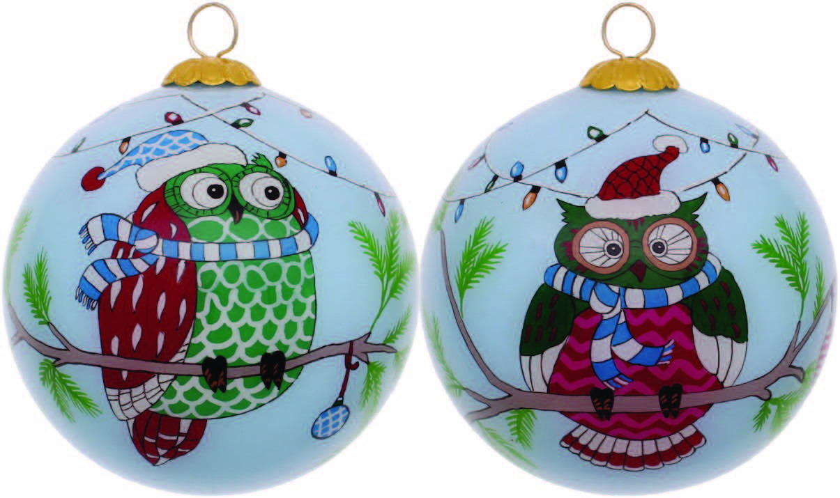Whimsical Owl Hand Painted Mouth Blown Glass Ornament