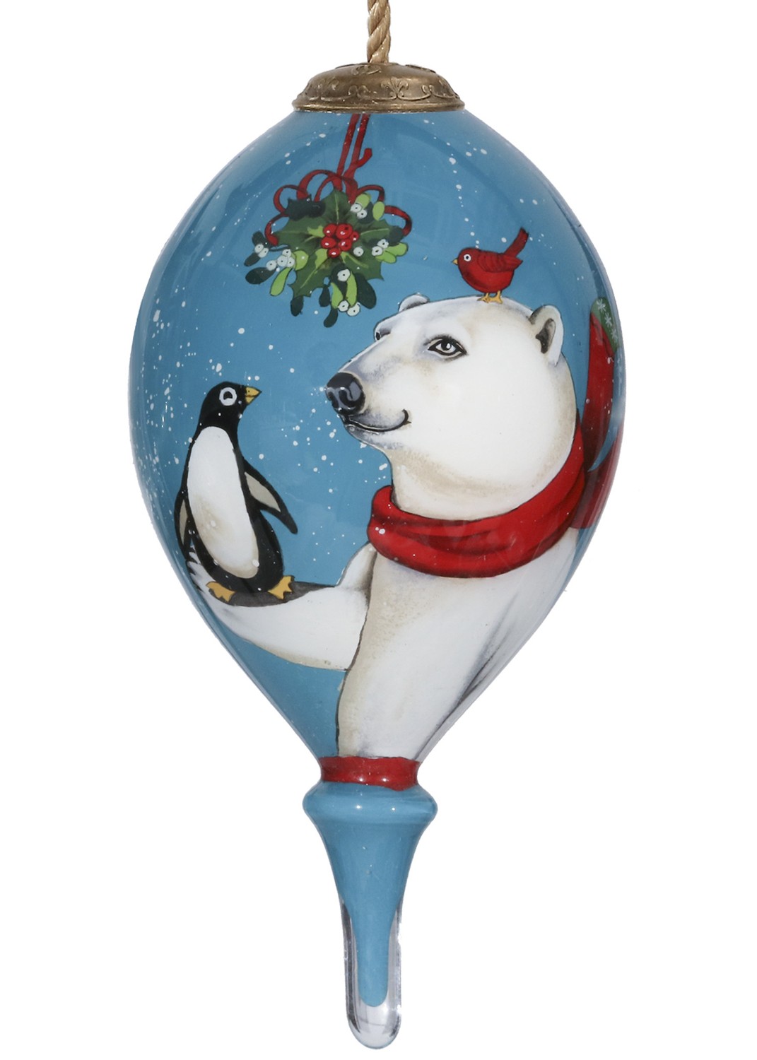 Snowy Polar Bear and Penguin Hand Painted Mouth Blown Glass Ornament