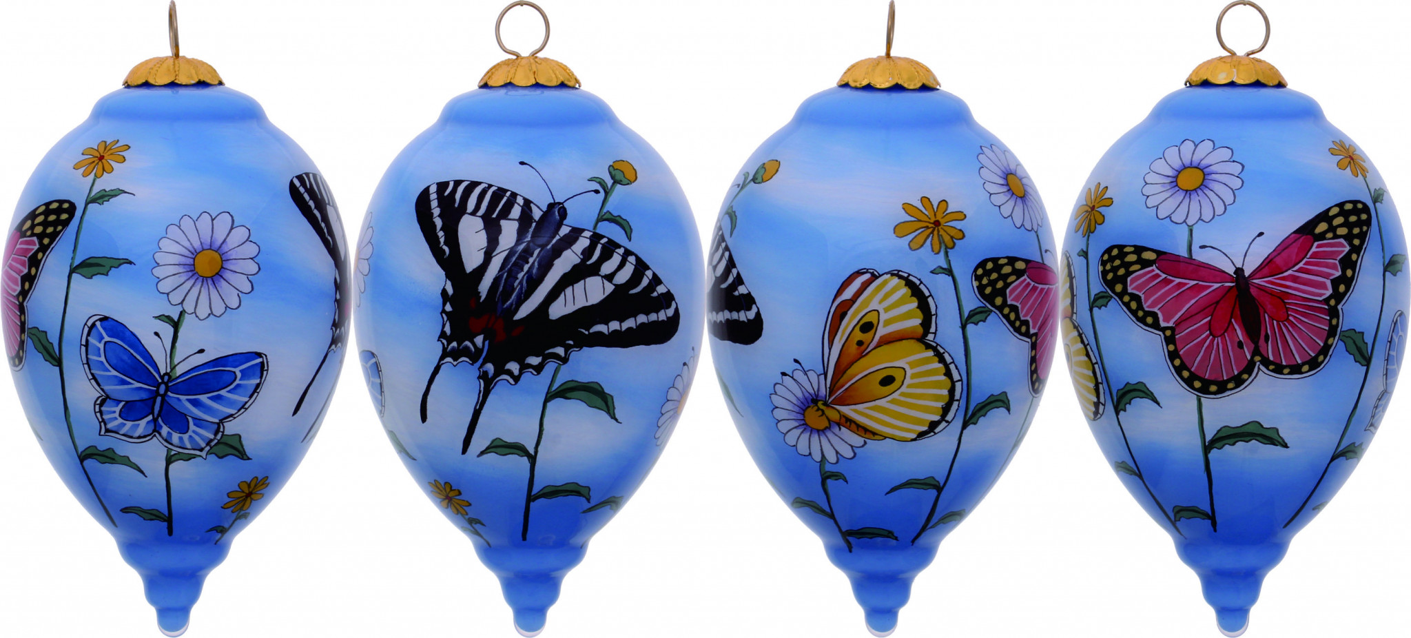 Vivid Garden Butterflies Hand Painted Mouth Blown Glass Ornament