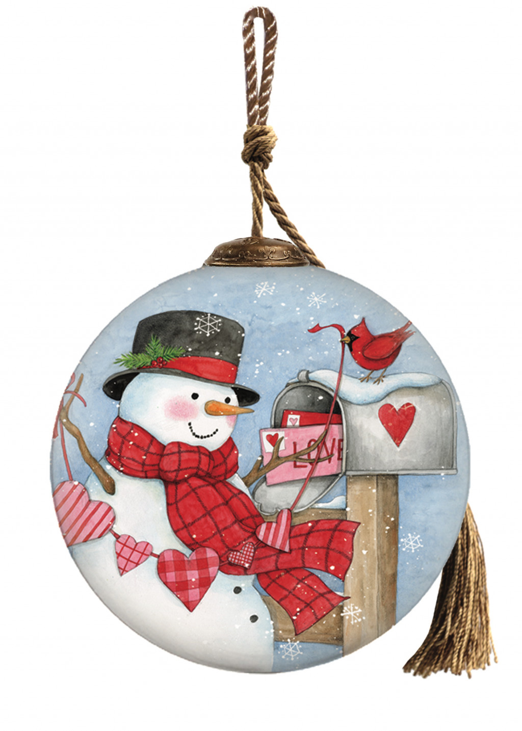 Valentine Snowman Hand Painted Mouth Blown Glass Ornament