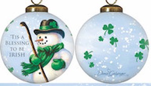 Green Irish Snowman Hand Painted Mouth Blown Glass Ornament