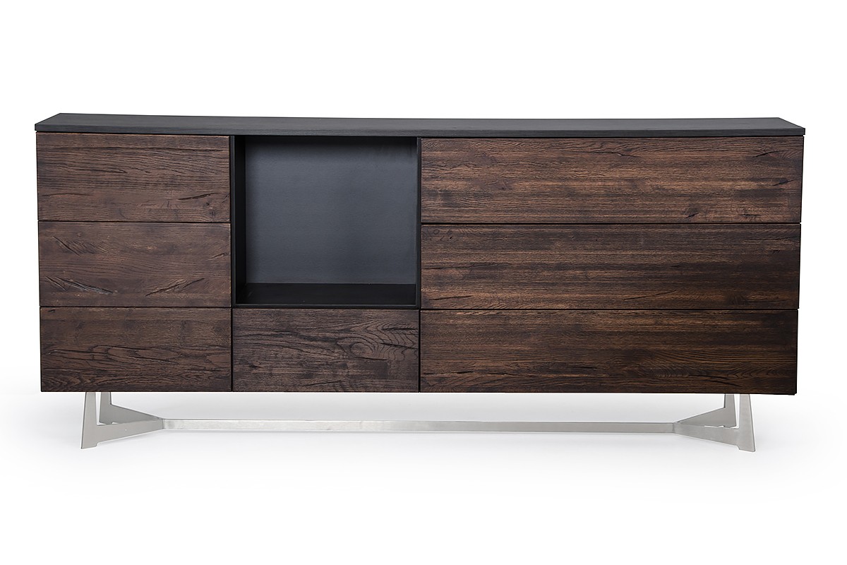 34" Dark Aged Oak Veneer Steel and Wood Buffet