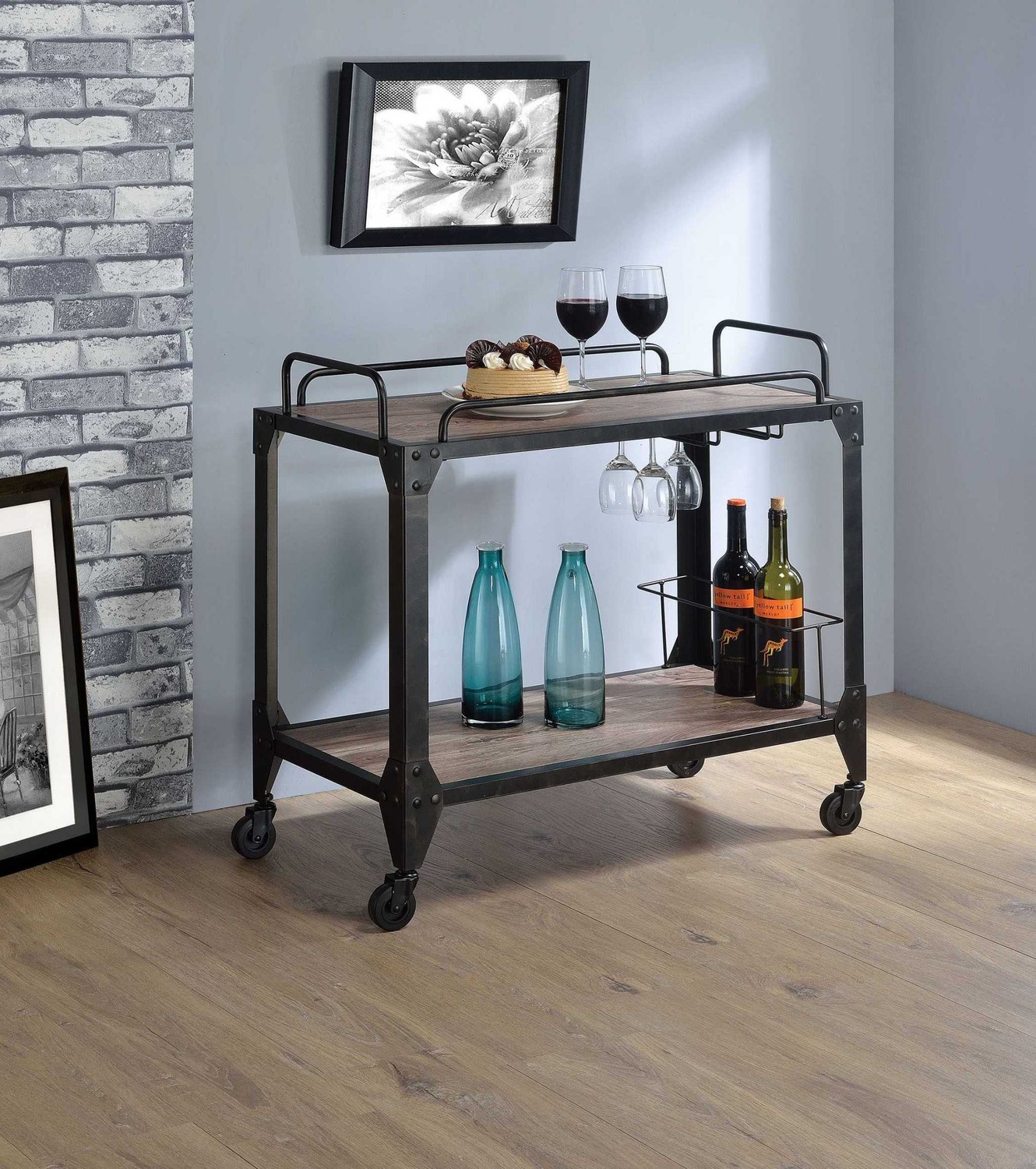 32" X 16" X 31" Rustic Oak And Black Serving Cart