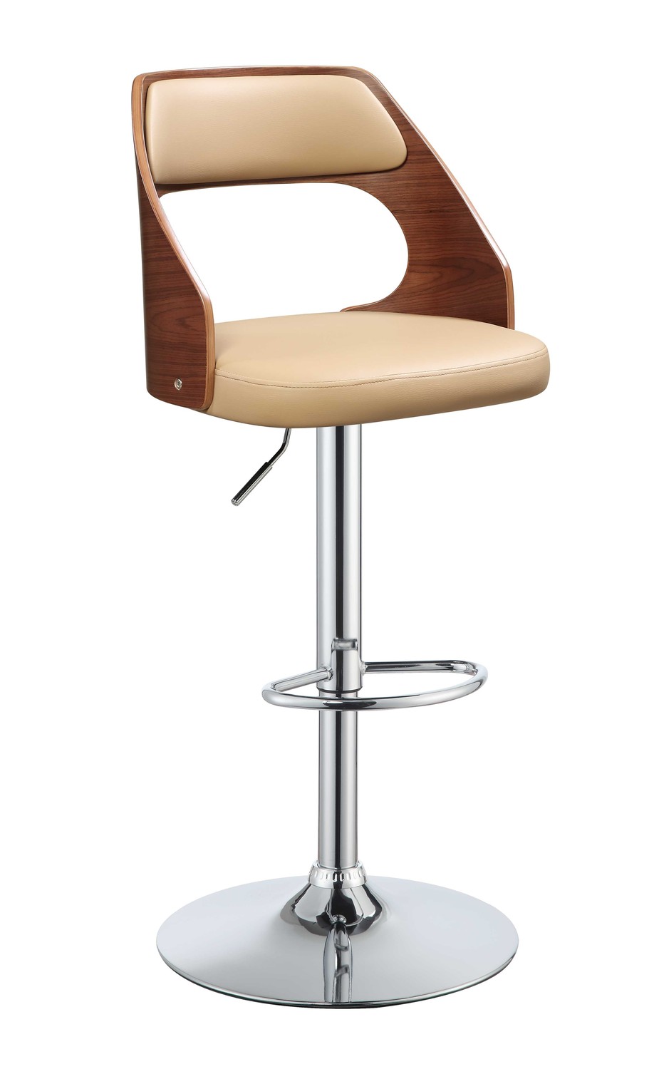 33" Sleek Walnut Finish Tan Faux Leather Adjustable Swivel Bar Stool with Chrome Base