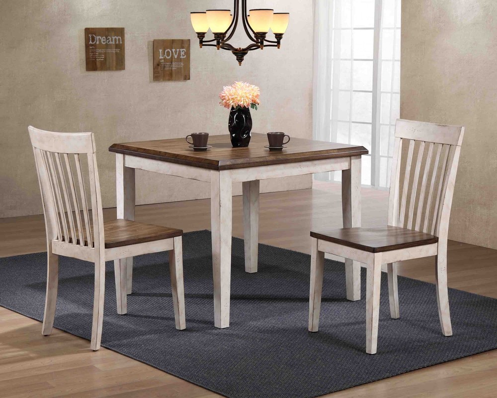 36" X 36" X 36" Walnut Antique White Finish Hardwood 3 Piece Dining Set