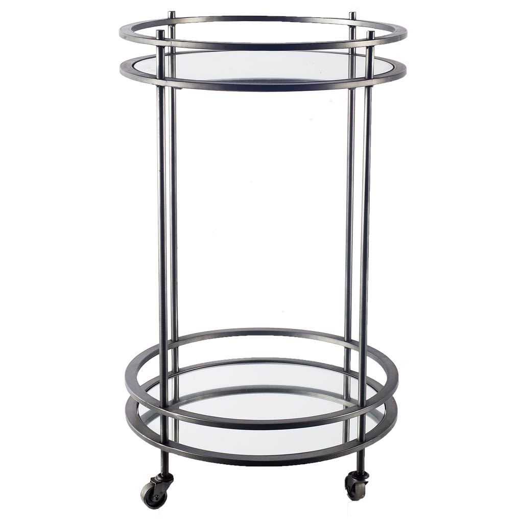 18" Pewter Metal With Two Mirror Glass Botton Shelves Bar Cart