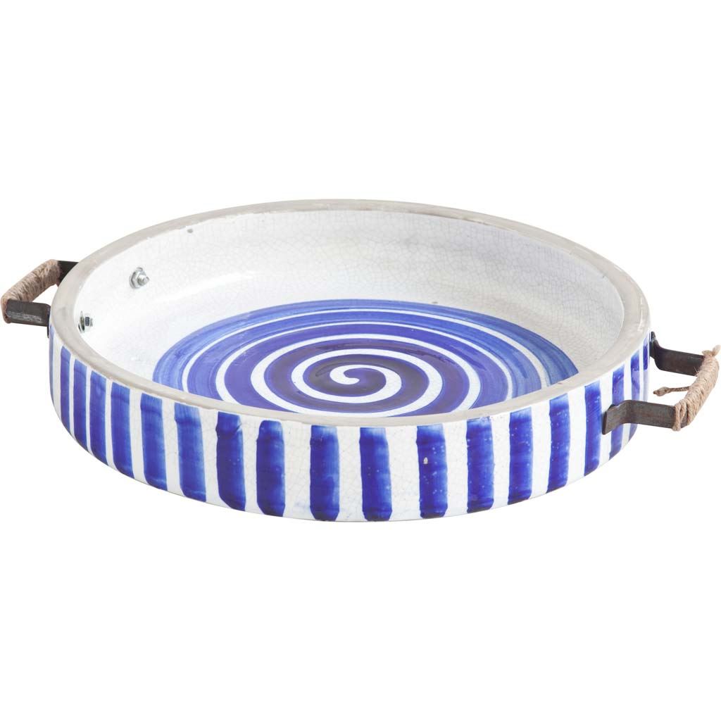 13" Blue And White Ceramic With Wood And Metal Handles Round Tray