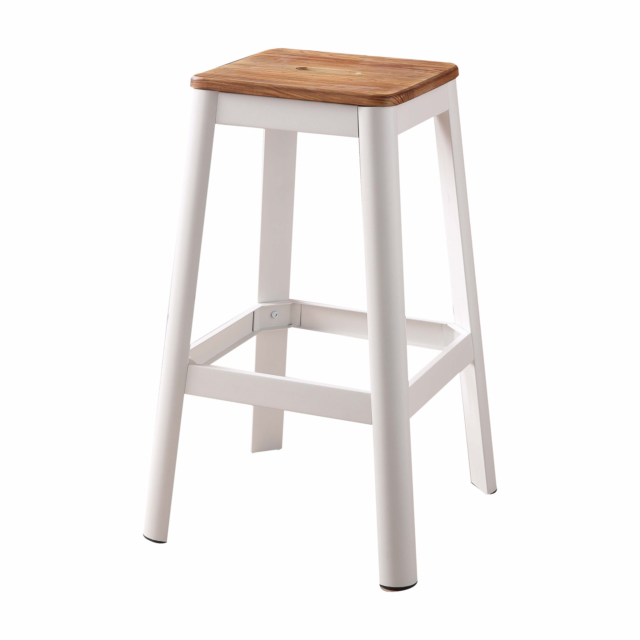 30" White and Natural Metal and Wood Backless Bar Stool