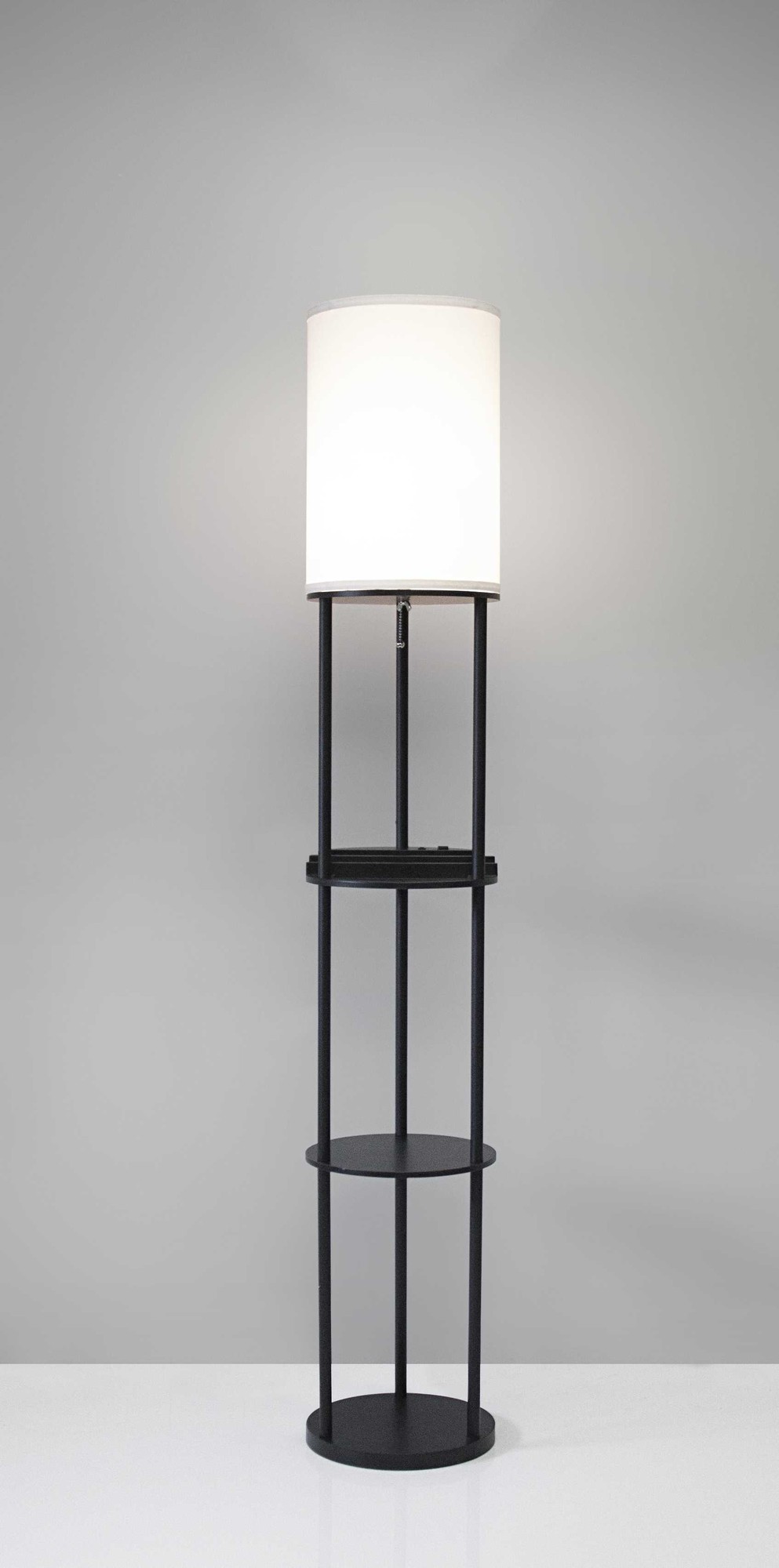 11" X 11" X 66.5" Black Wood Station Shelf Floor Lamp