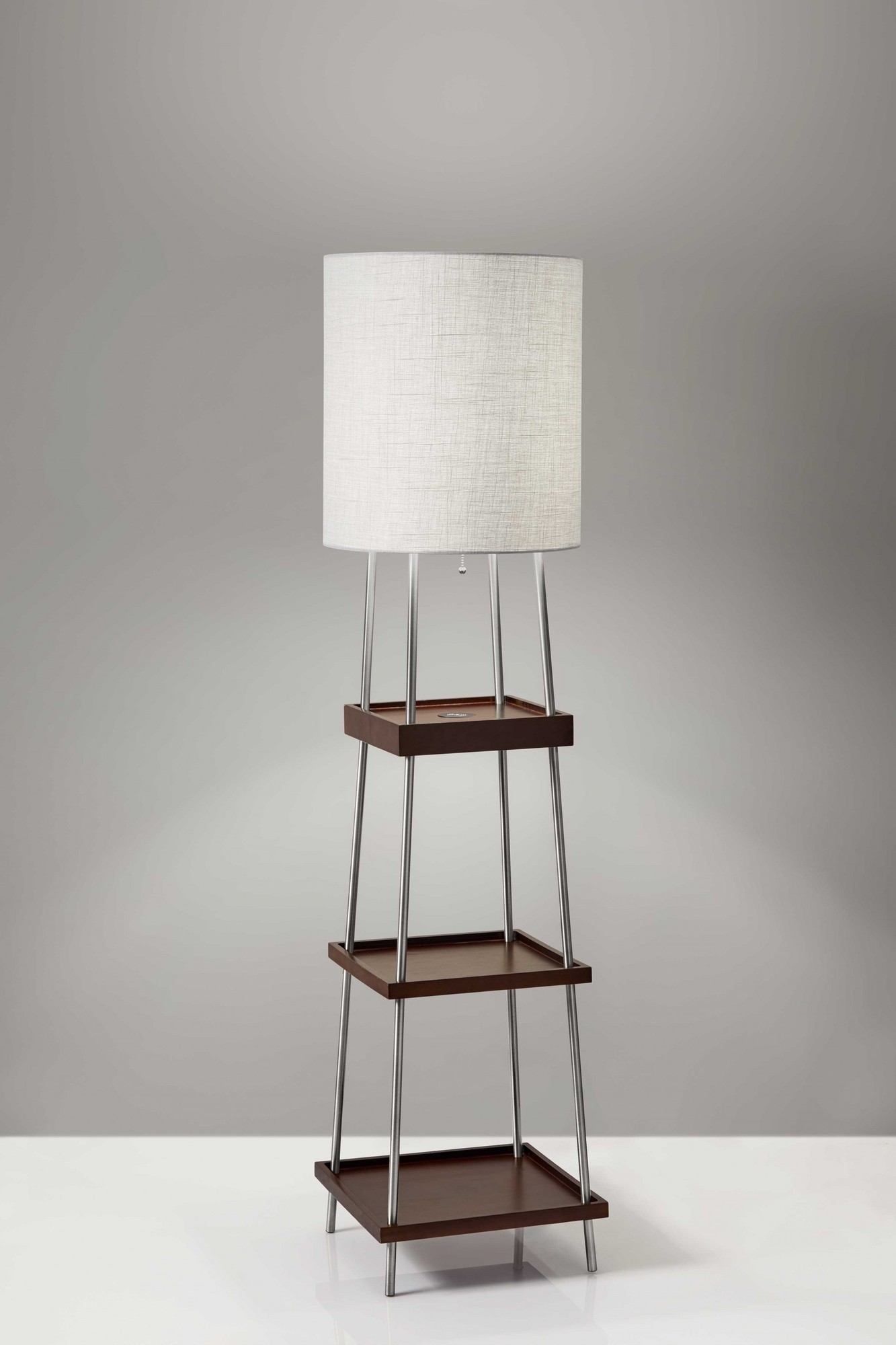 16" X 16" X 63.25" Walnut Wood Metal Shelf Floor Lamp