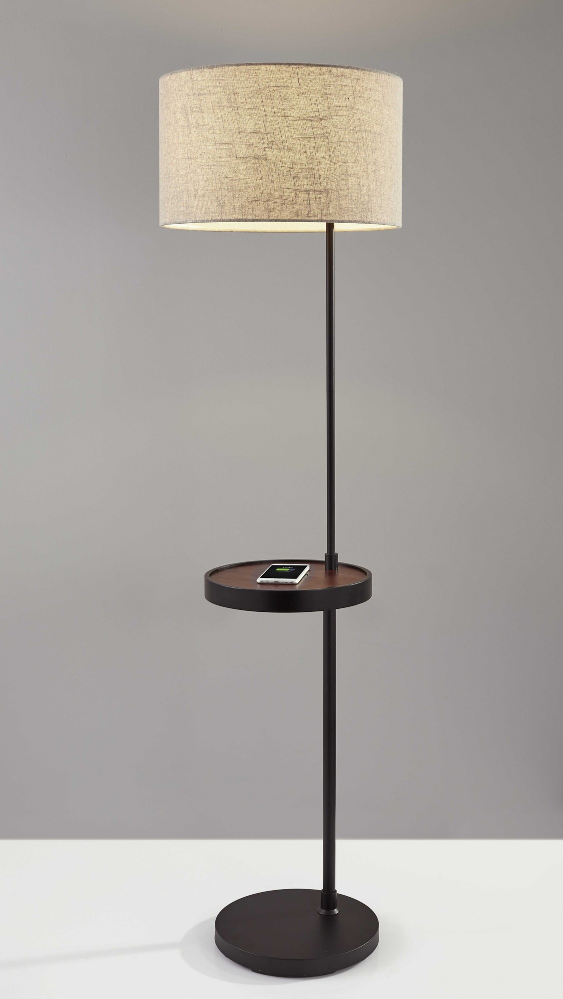 17" X 17" X 63.5" Black Metal Wood Wireless Charging Shelf Floor Lamp
