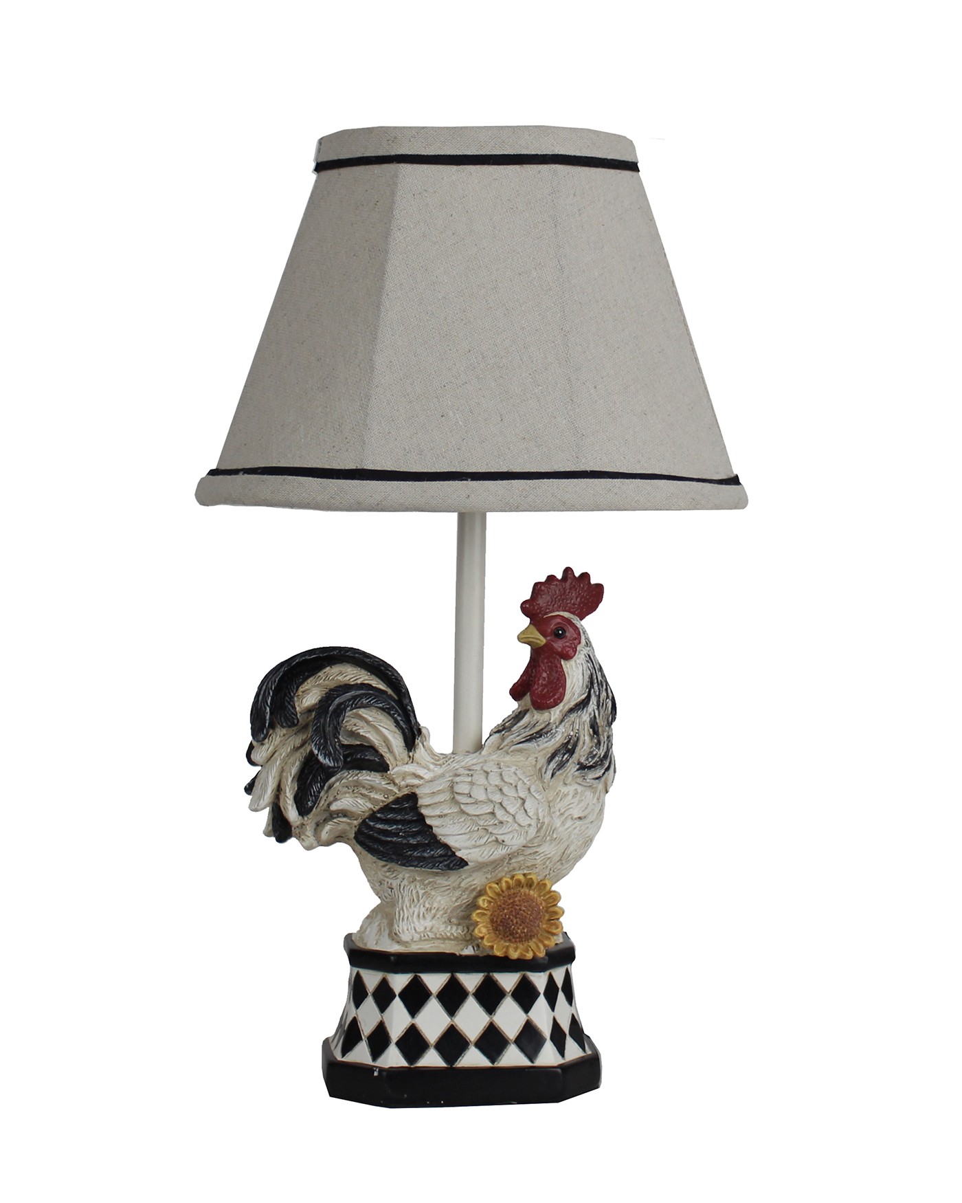 White and Black Rooster with Sunflower and Harlequin Patterned Accent Lamp