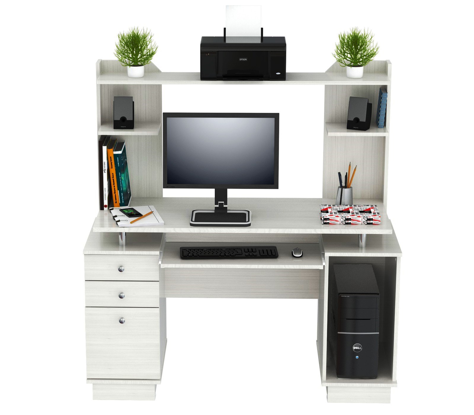 53.4" White Melamine and Engineered Wood Computer Desk with Hutch
