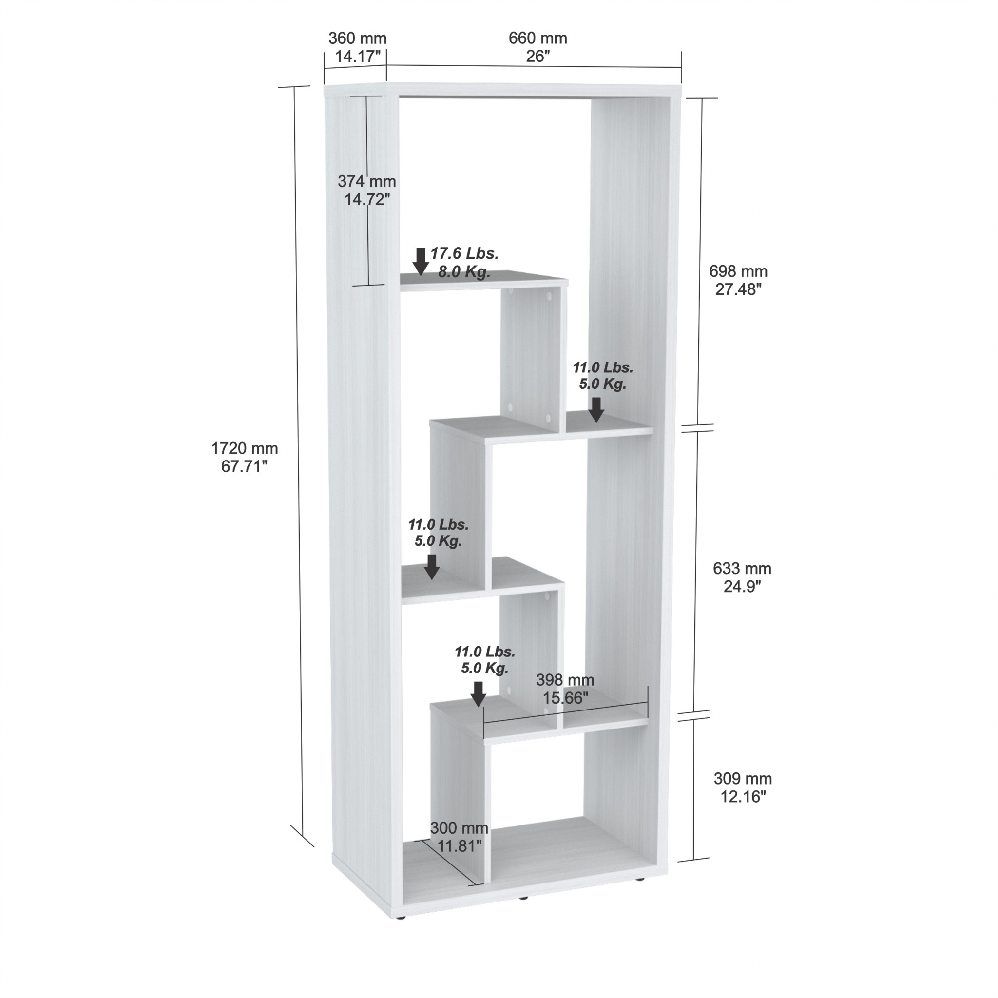 68.2" White Melamine and Engineered Wood Bookcase