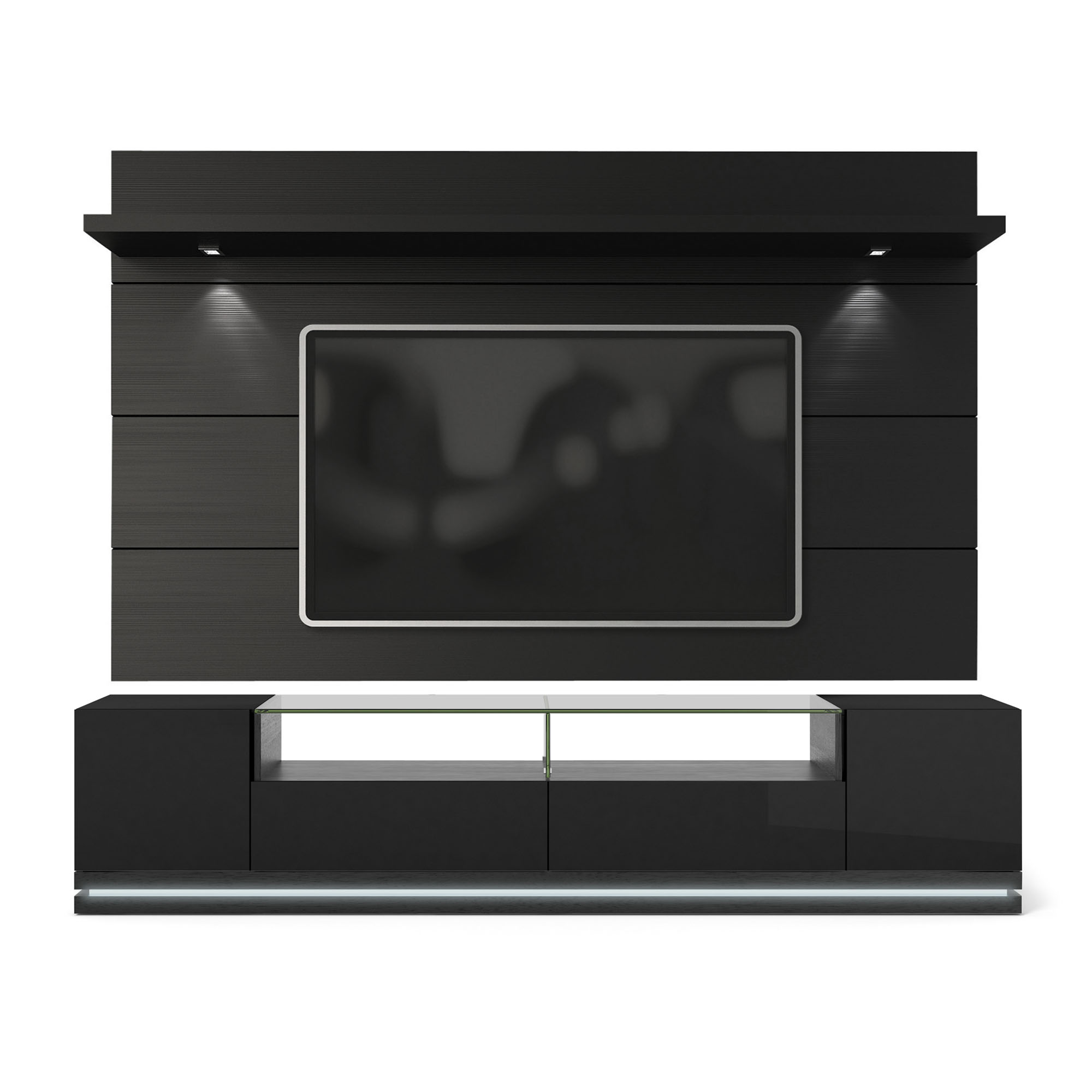 Black Gloss TV Stand and Floating Wall TV Panel with LED Lights