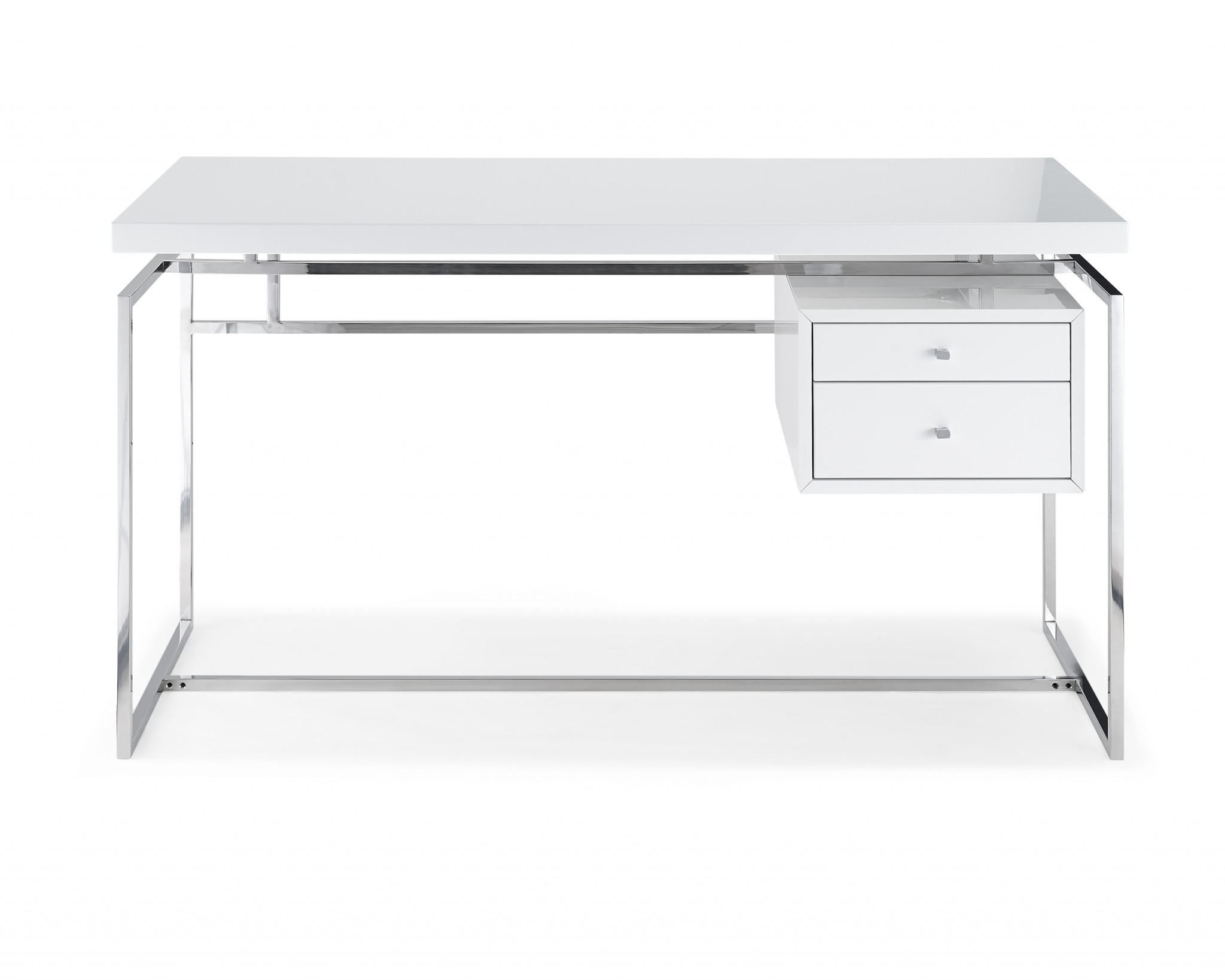 Desk Top & Drawer In High Gloss White With Stainless Steel Base