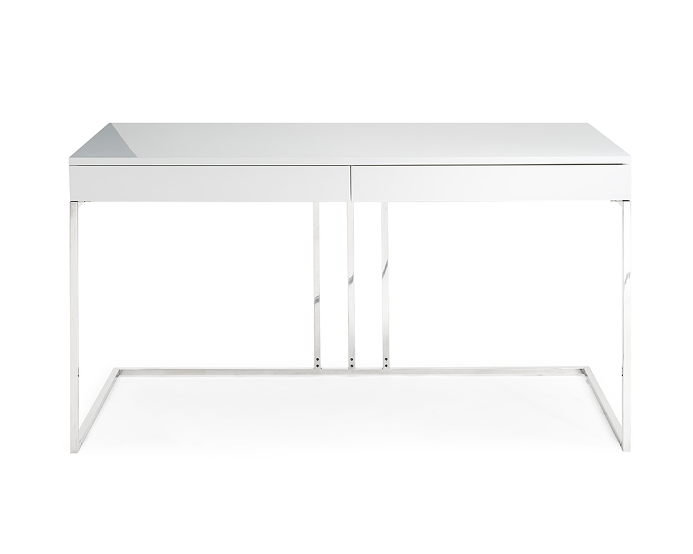 Desk In High Gloss White Lacquer With Stainless Steel Base