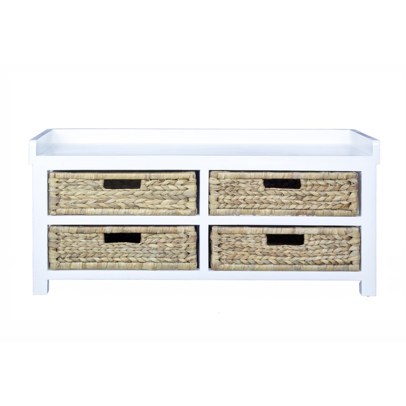 Modern Entryway White Wood Finish Storage Bench with Four Woven Storage Baskets