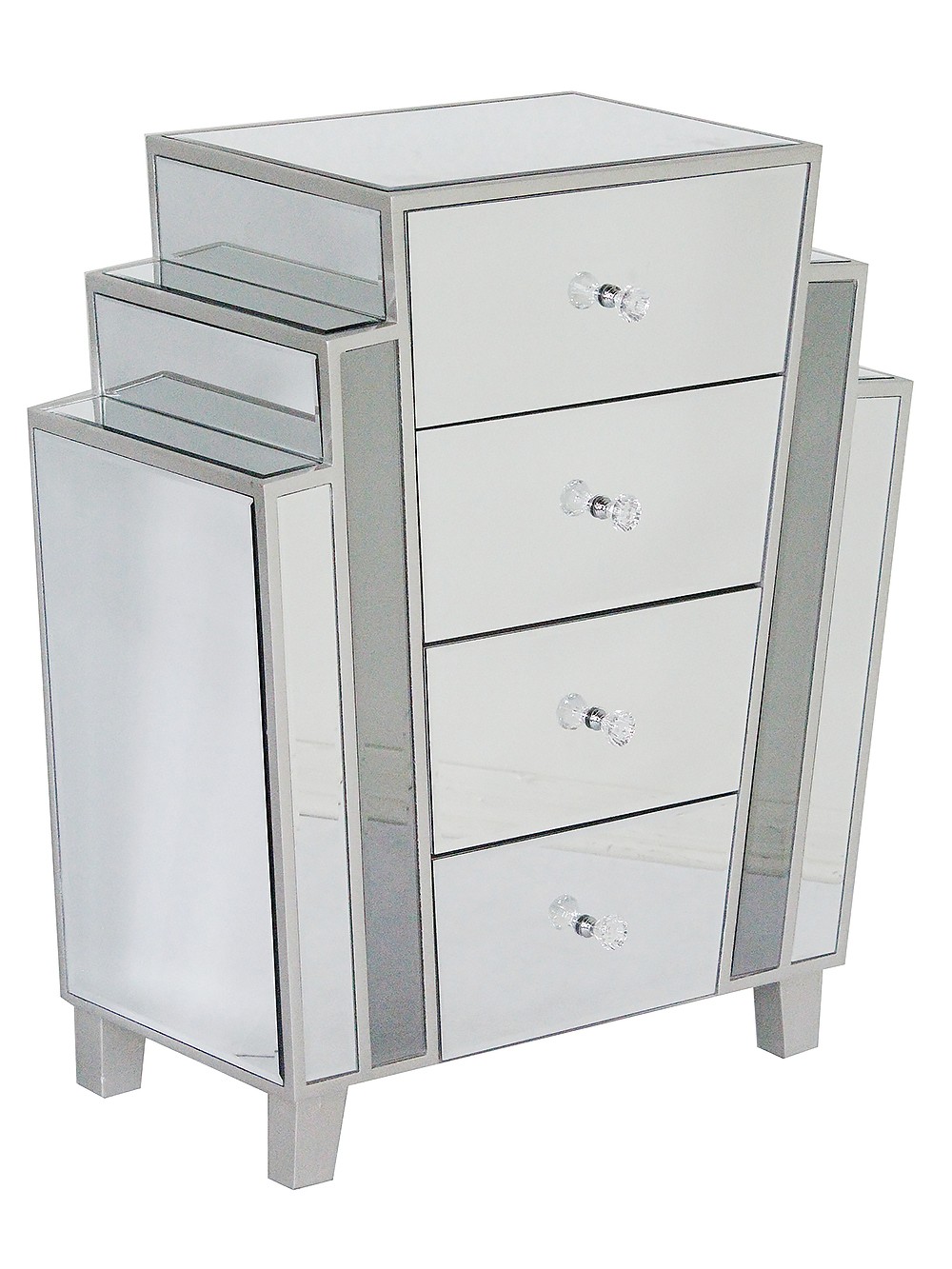 Natural MDF Wood Mirrored Glass Accent Cabinet with Drawers