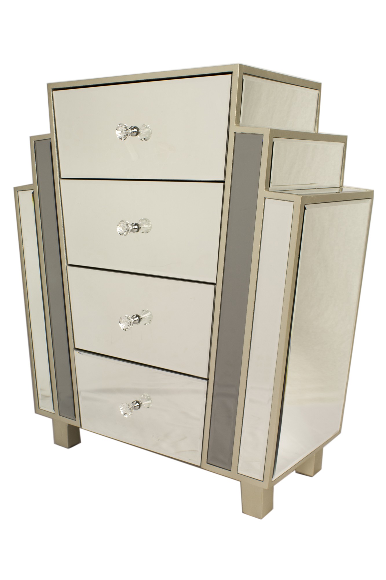 Gray MDF Wood Mirrored Glass Accent Cabinet with Drawers