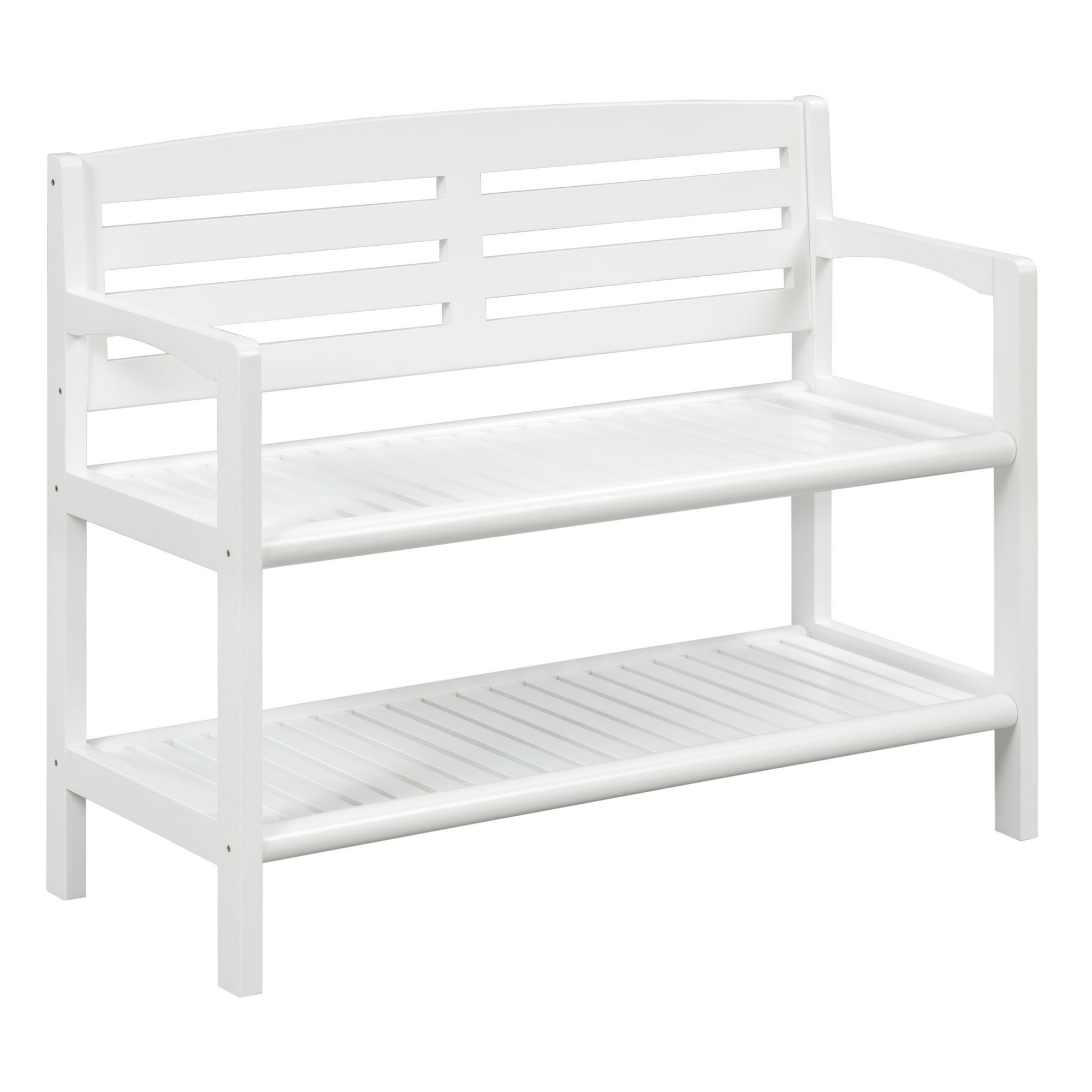 Rectangular Wood Bench with Back and Shelf in Antique White