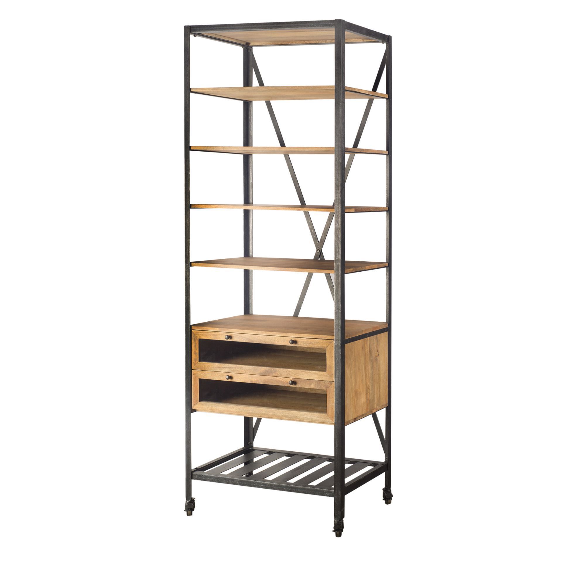 Light Brown Wood and Metal Shelving Unit with 6 Shelves