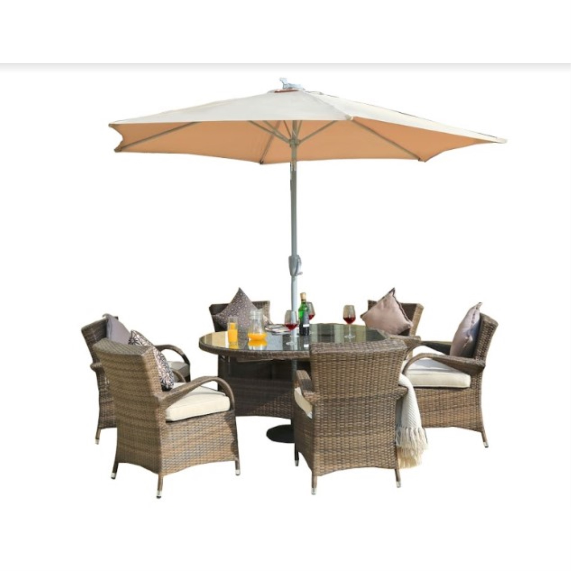 211" X 55" X 32" Brown 7Piece Outdoor Dining Set with Washed Cushion