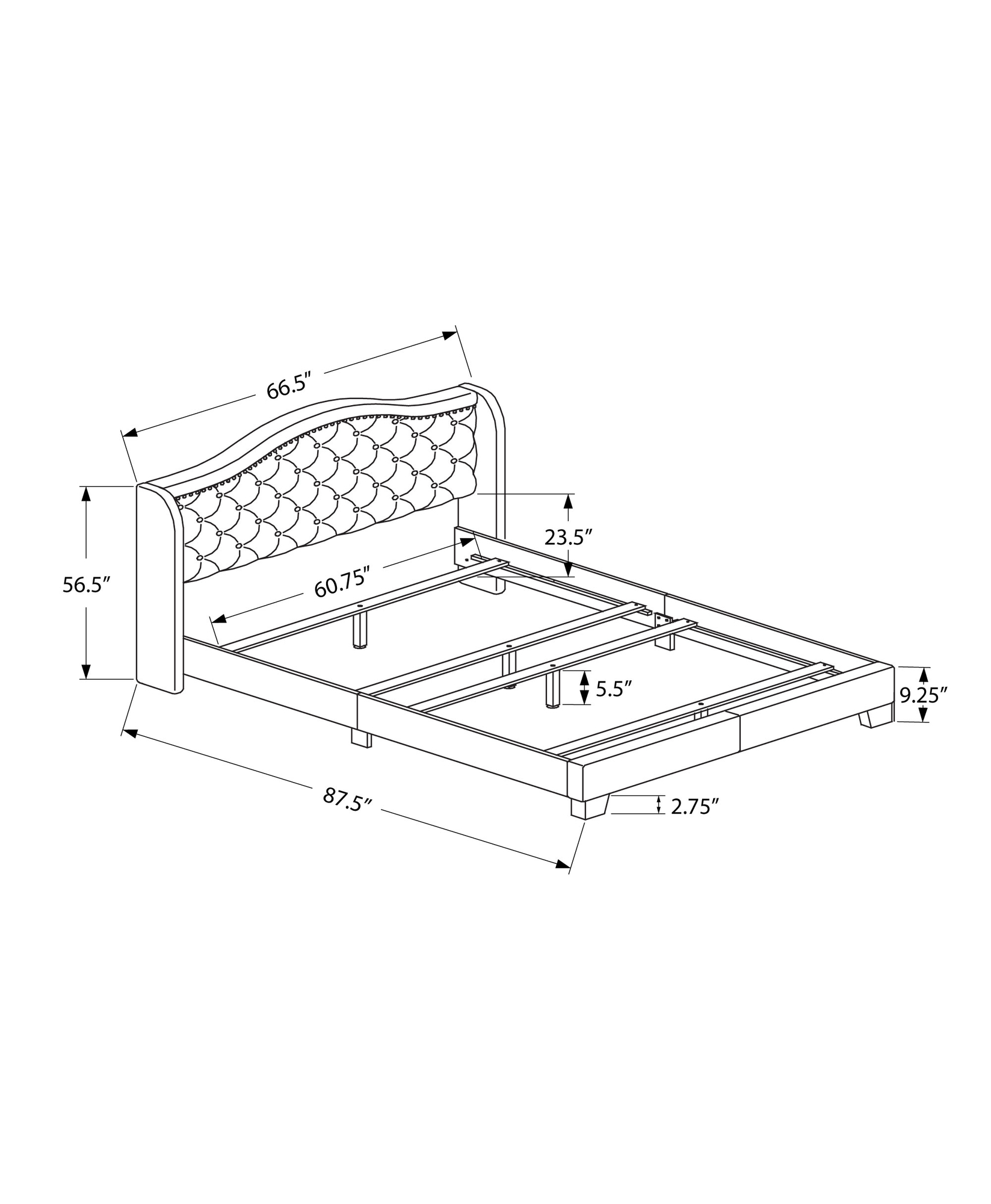 66.5" x 87.5" x 56.5" Dark Grey Foam Solid Wood Velvet Queen Size Bed With A Chrome Trim