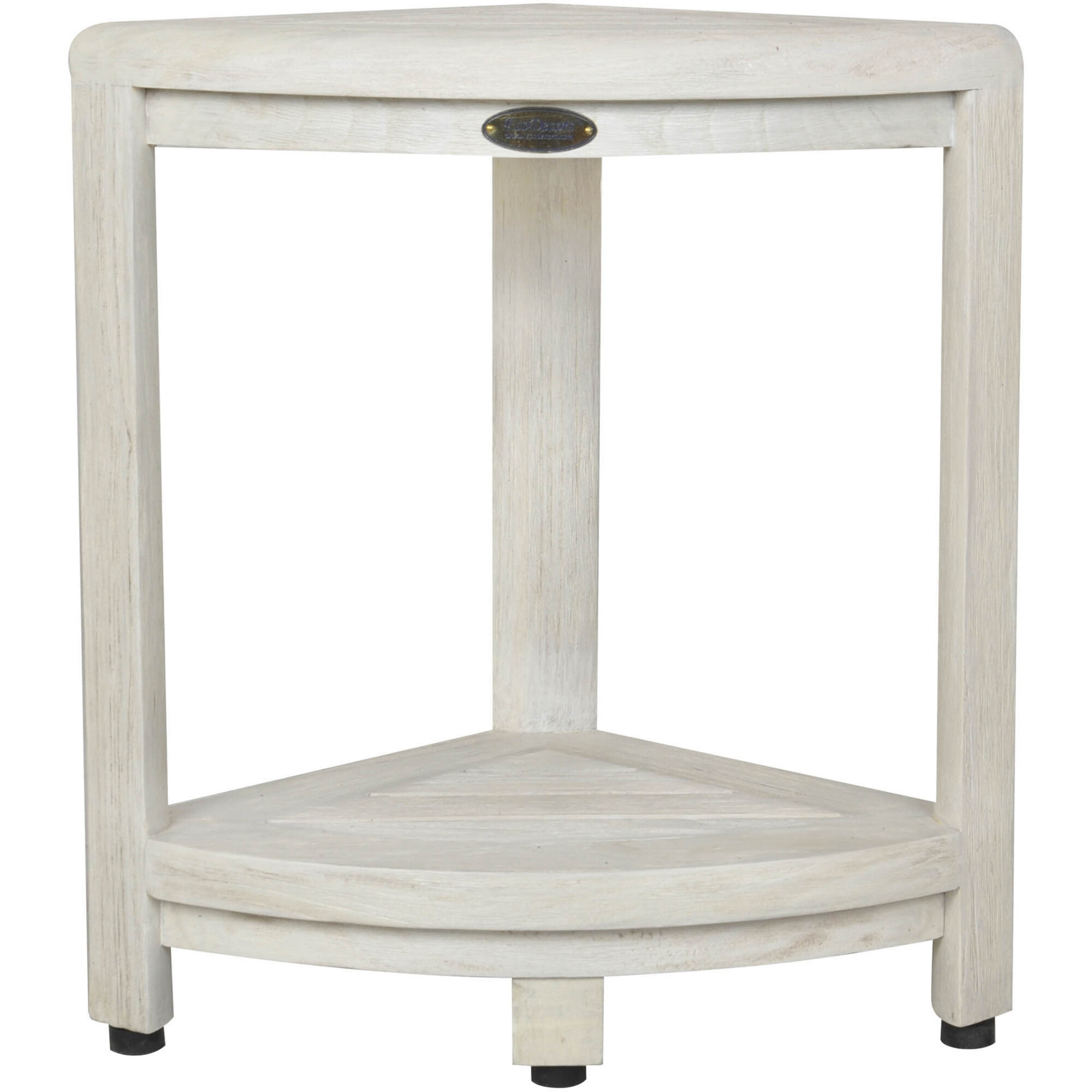 Compact Teak Corner Shower Stool with Shelf in White Finish