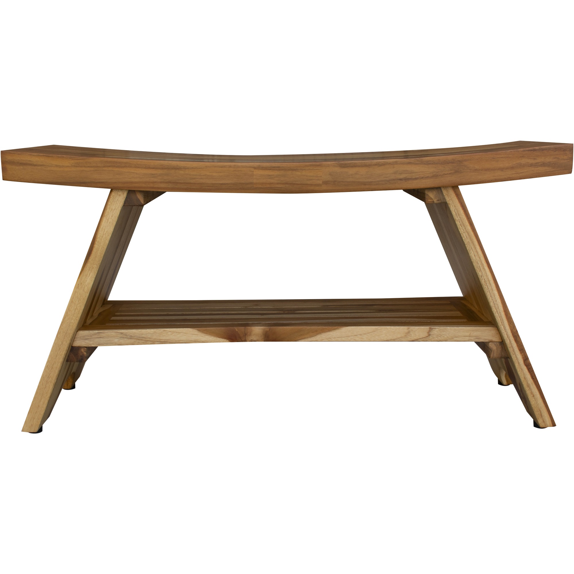 Compact Curvilinear Teak Shower Outdoor Bench with Shelf in Natural Finish