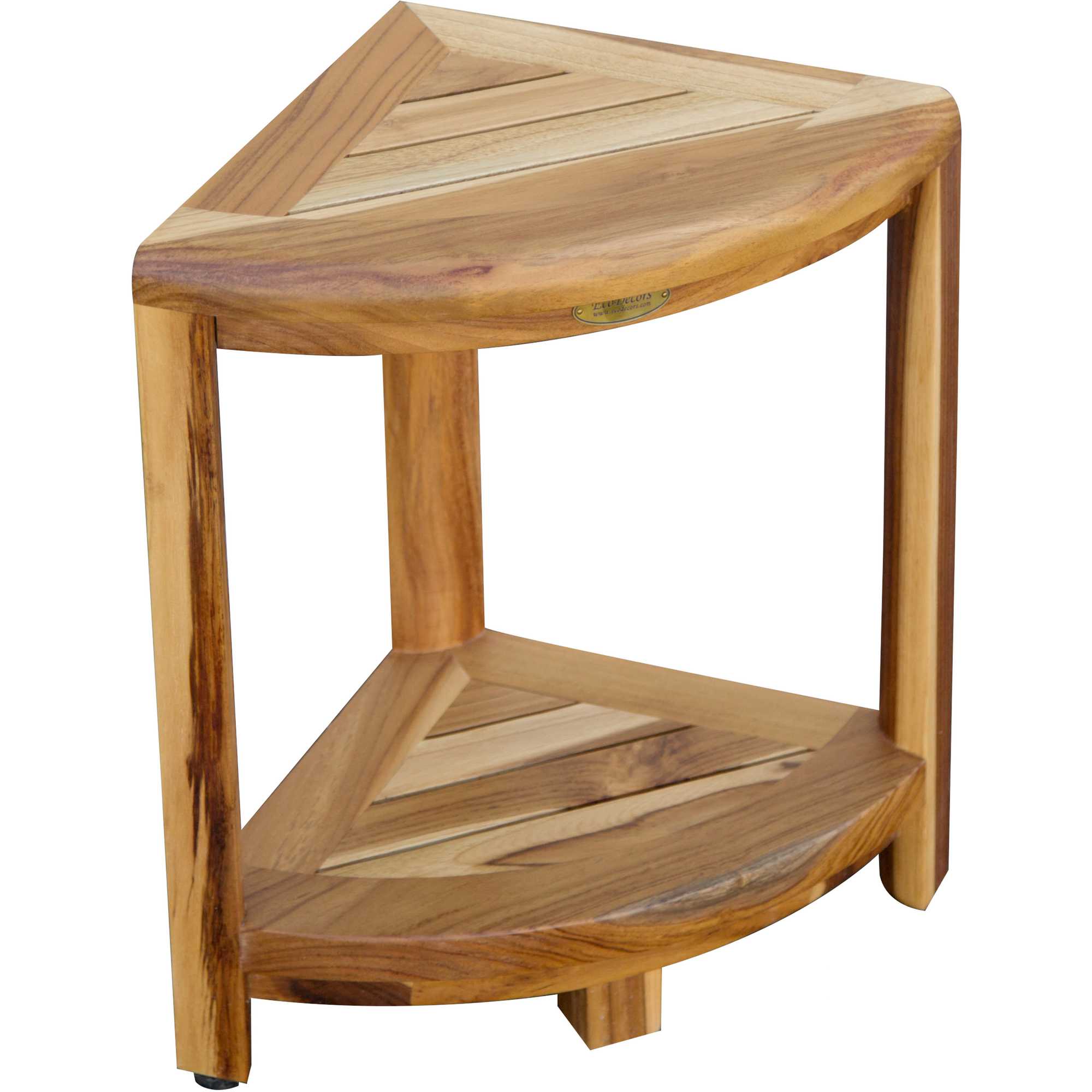 Compact Teak Corner Shower Stool with Shelf in Natural Finish
