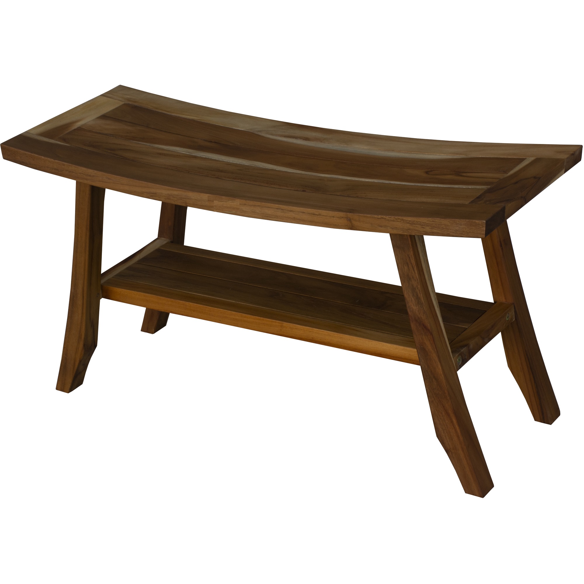 Compact Curvilinear Teak Shower Outdoor Bench with Shelf in Natural Finish