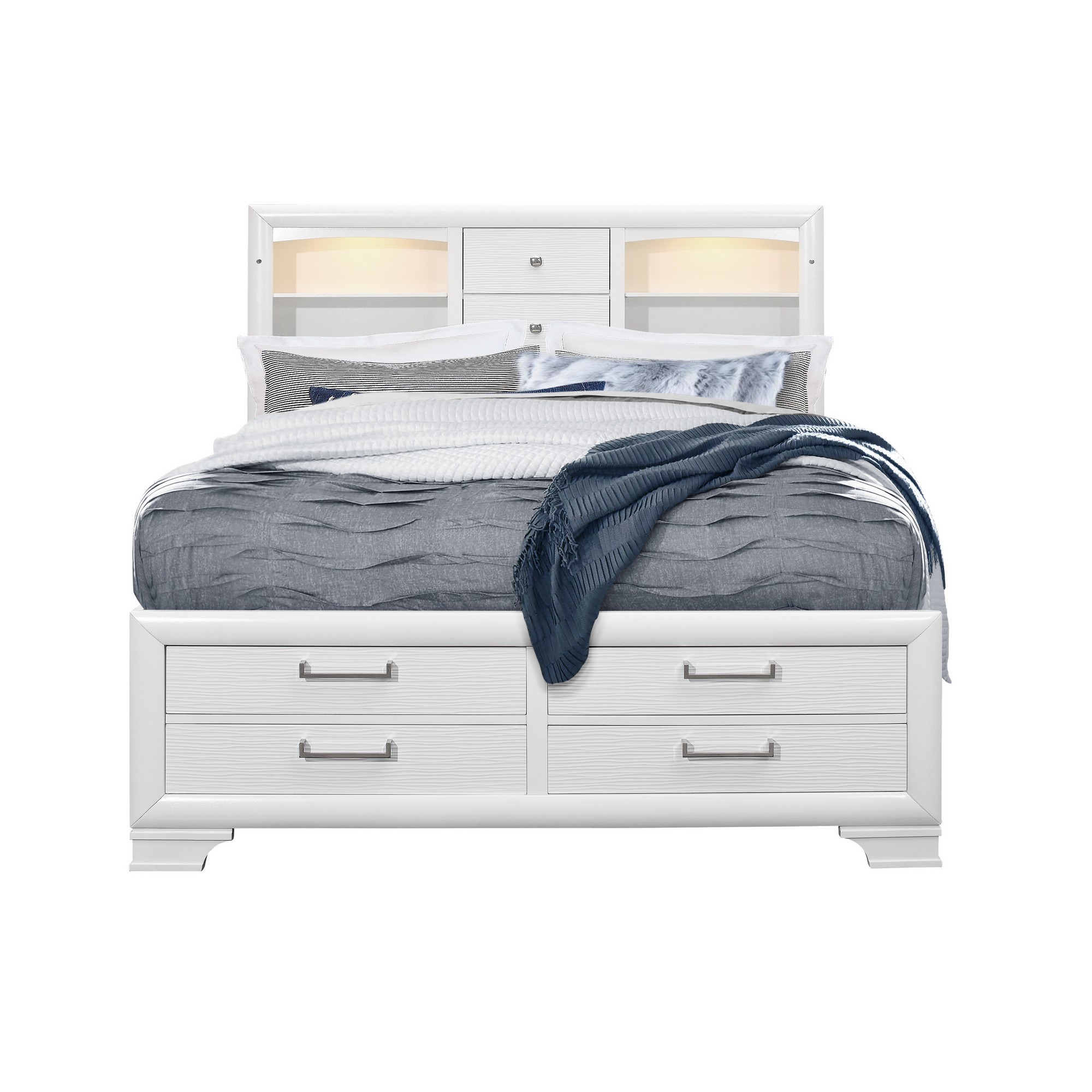 White Rubberwood King Bed with bookshelves Headboard LED lightning 6 Drawers