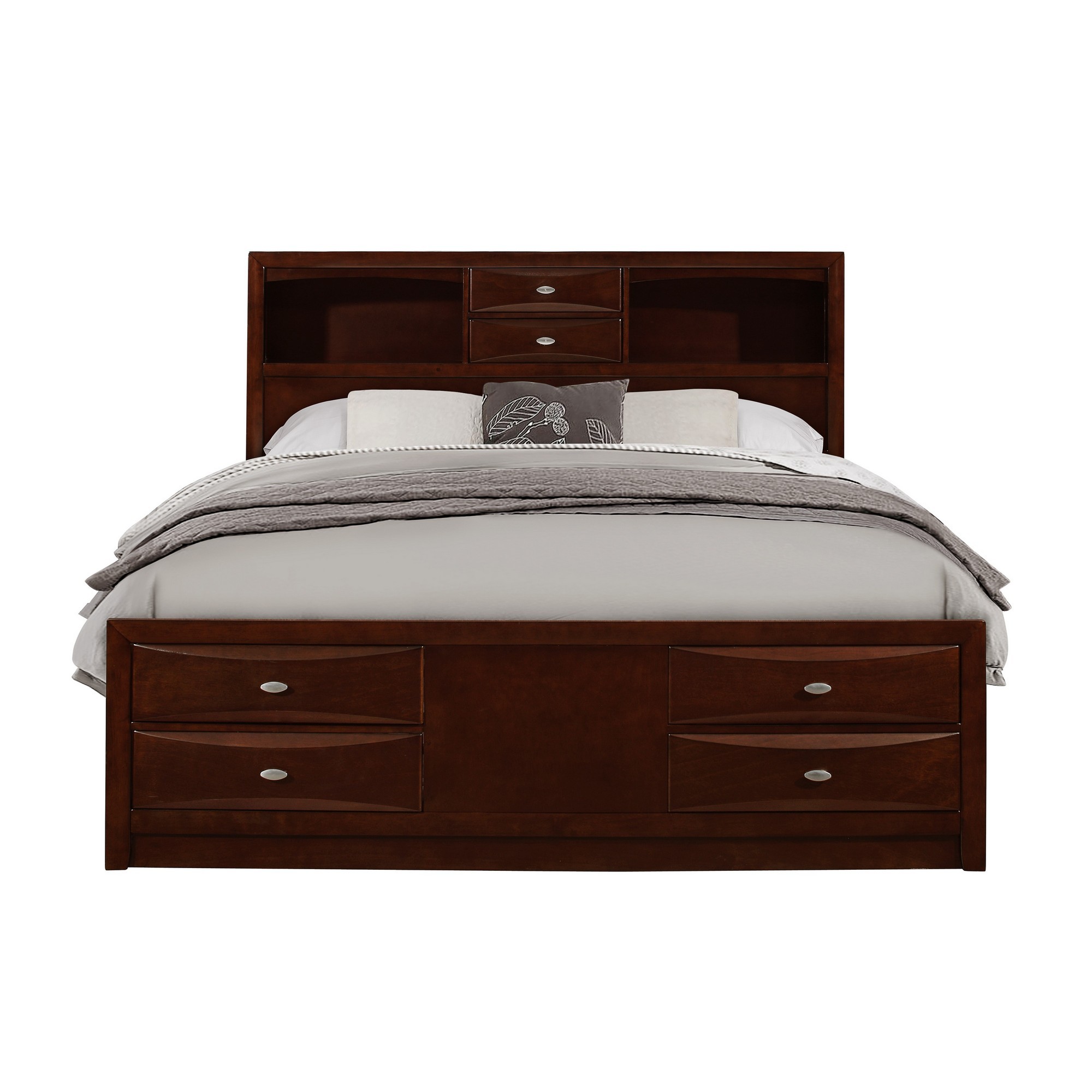 New Merlot veneer Queen Bed with bookcase headboard 10 drawers