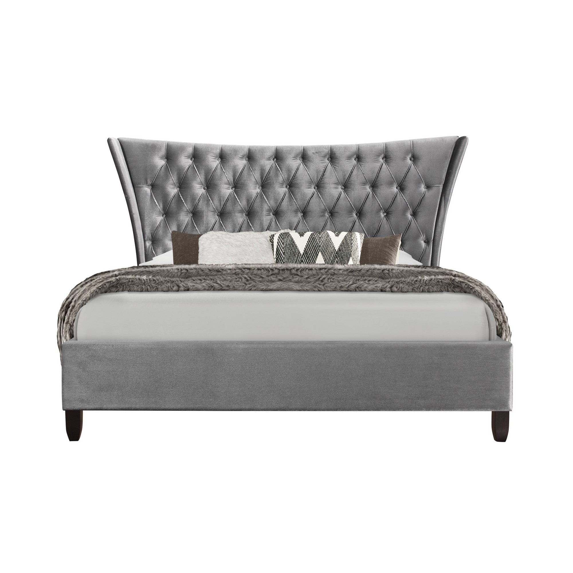 Silver King Bed with Soft Velvet Grey Upholstered Headboard