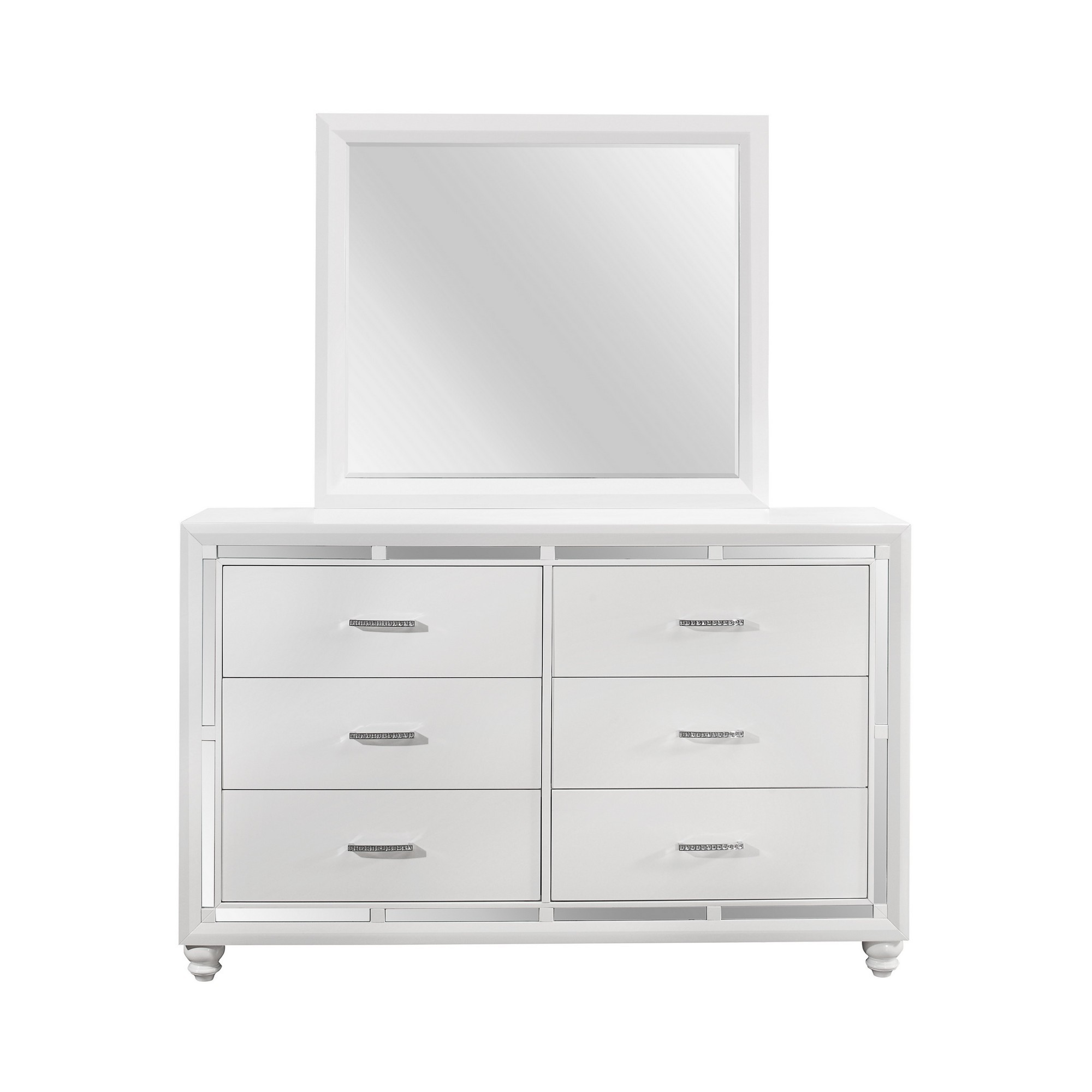 White Dresser with Mirror Trim Accent 6 Drawers