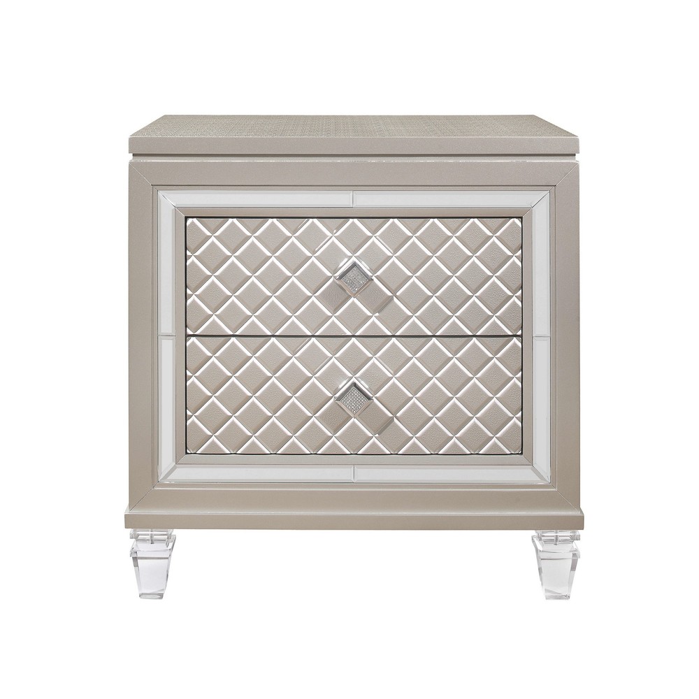 Champagne Toned Nightstand with Tapered Acrylic Legs and 2 Drawers