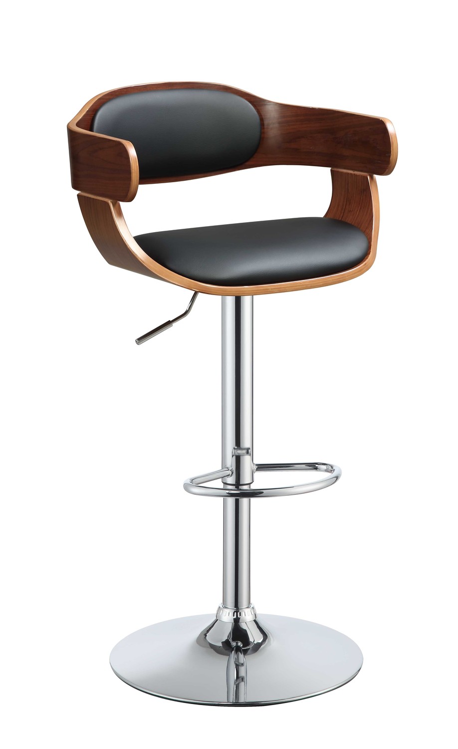 34" Sleek Walnut Finish Black Faux Leather Adjustable Swivel Bar Stool with Chrome Base