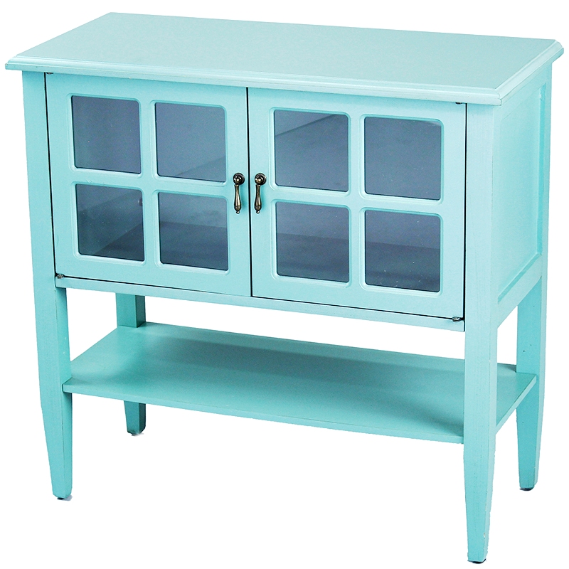 32" X 14" X 30" Turquoise MDF Wood Clear Glass Console Cabinet with Doors and a Shelf