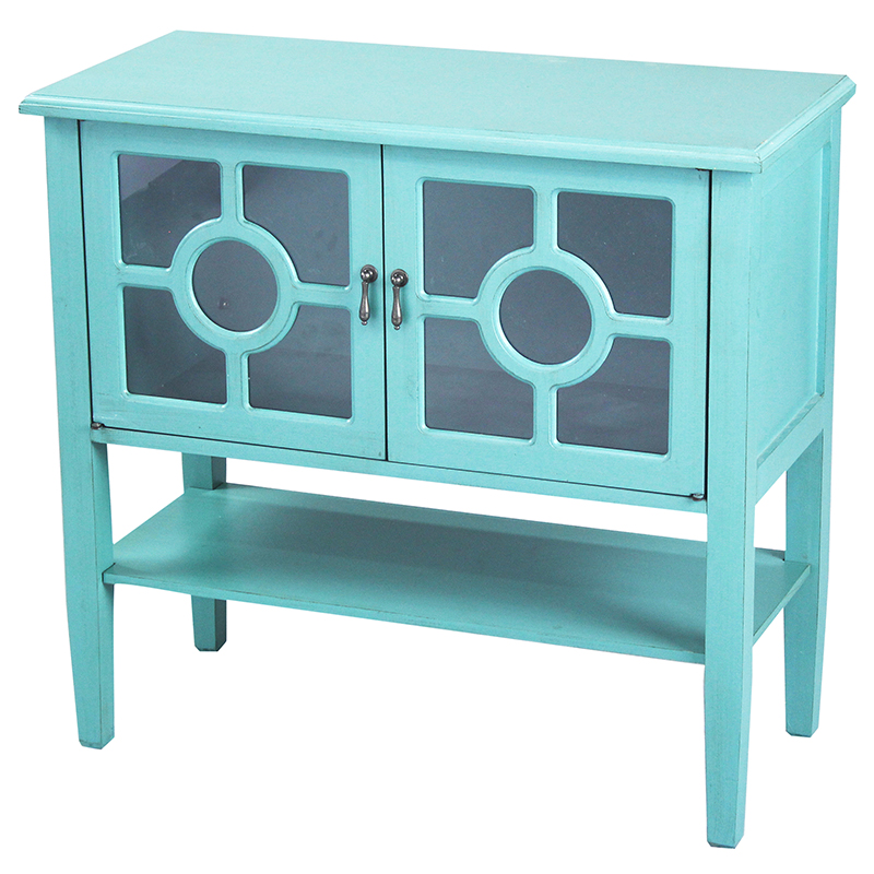 32" X 14" X 30" Turquoise MDF Wood Clear Glass Console Cabinet with Doors and a Shelf