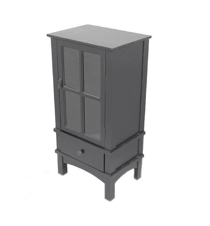 18" X 13" X 36" Black MDF Wood Clear Glass Accent Cabinet with a Door and Drawer and Paned Inserts