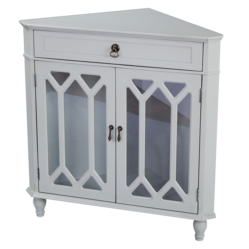 31" X 17" X 32" Light Sage MDF Wood Clear Glass Corner Cabinet with a Drawer and Doors