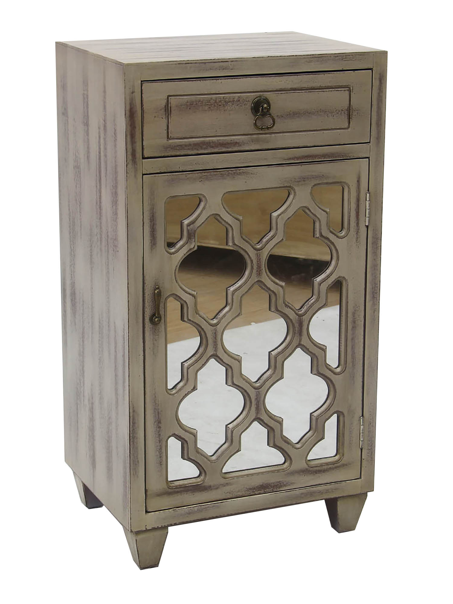 16.75" X 12.75" X 30.75" Taupe Wash MDF Wood Mirrored Glass Cabinet with a Drawer and a Door