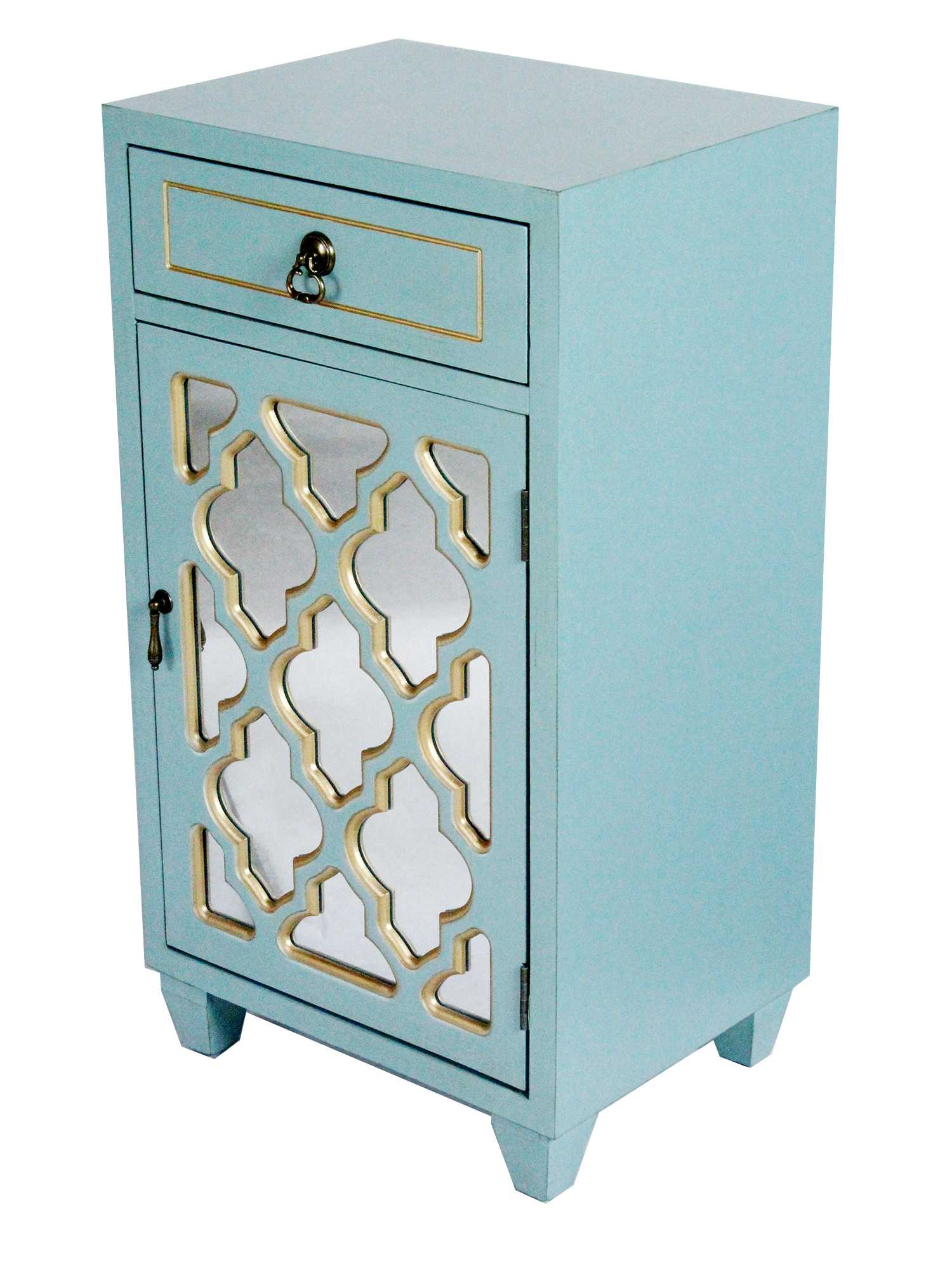 16.75" X 12.75" X 30.75" Light Blue with Gold MDF Wood Mirrored Glass Cabinet with a Drawer and a Door