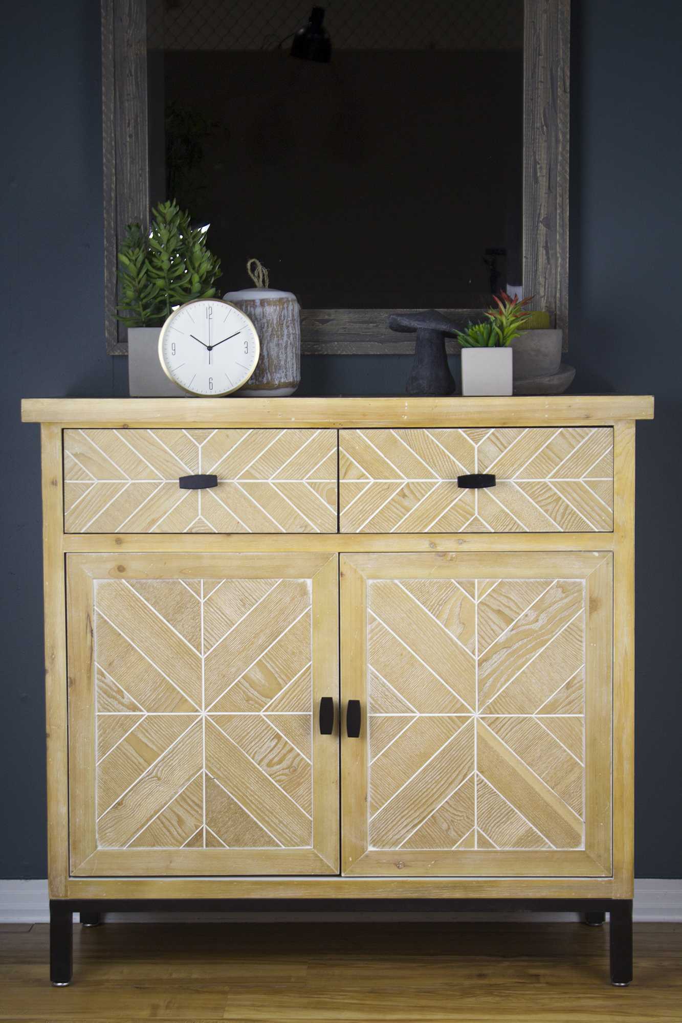 White Washed Parquet Wood Sideboard with Wood Drawers and Wood Doors